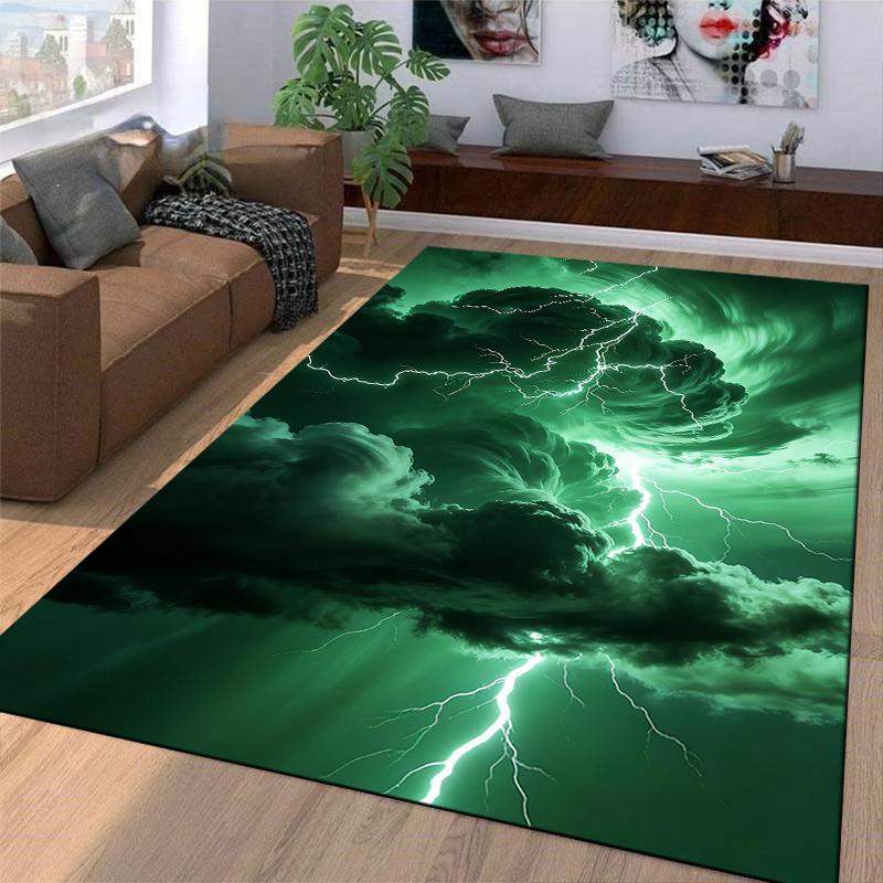 Green Lightning Storm Design Carpet, Dark Cloud Patterned Floor Rug Suitable for use as an anti-slip for living room bedroom sofas