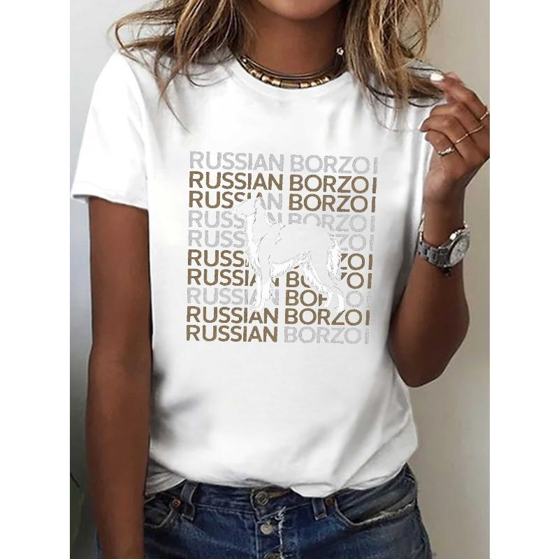 Женская черная белая футболка с принтом русской борзой, повседневная, с круглым вырезом, короткий рукав, легкий летний топ