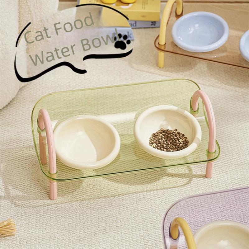 Double Bowls Pet High Footed Bowl Anti-flip Non-Slip Cat Food Water Bowl Detachable Protect Cervical Spine