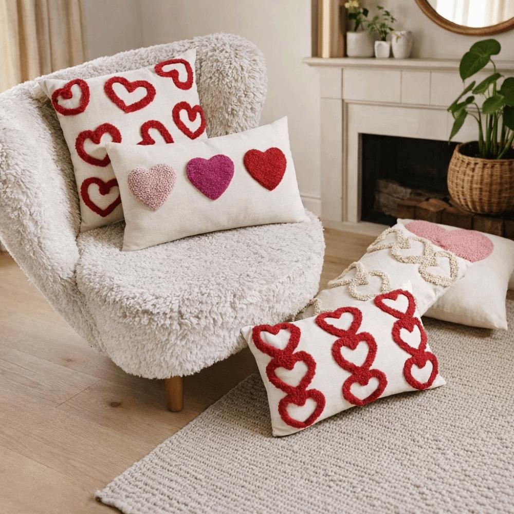 Romantic Valentine Heart Pattern Pillowcase Velvet Hidden Zipper Tufted Cushion Case Minimalist Embroidery Plush Pillow Cover