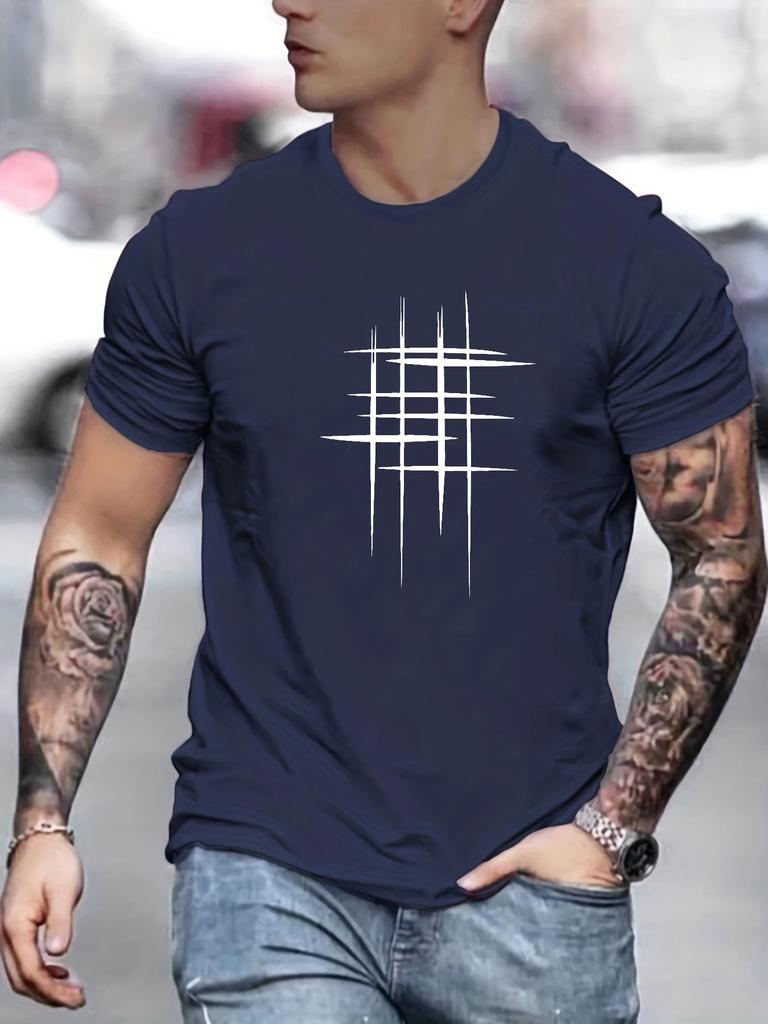 Summer Men's 100% Polyester Casual Loose Size Graphic Line Printed Neck Short-sleeved T-shirt Top