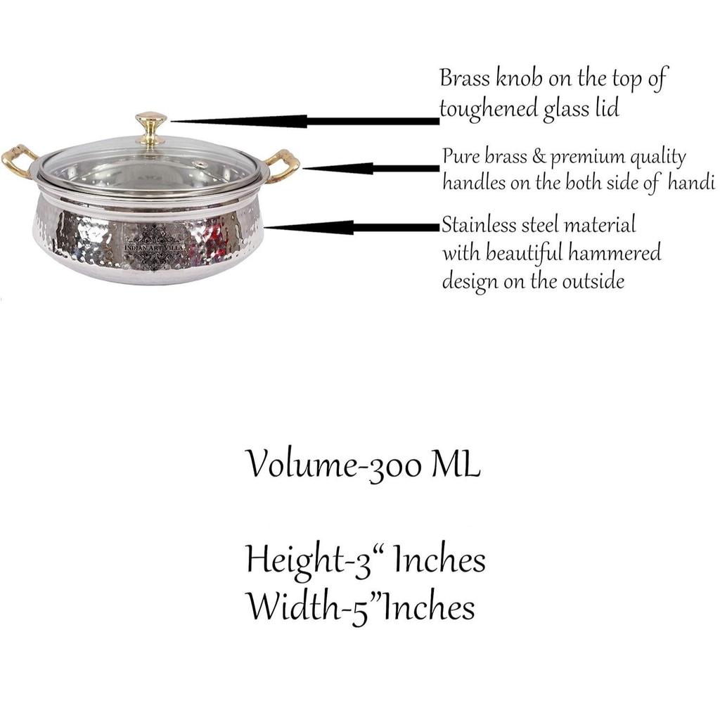 Stainless Steel Hammered Design Handi/Bowl/Casserole with Toughened Glass Lid & Brass Knob & Handles, Volume-400 Ml, Pack of 6