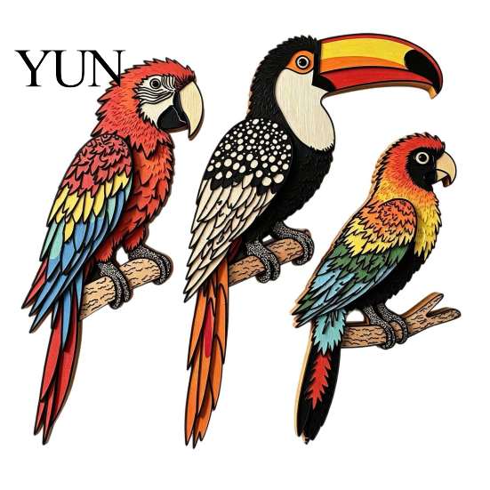 Tropical Bird Wall Art 3Pcs Wooden Decor, Toucan Parrot 2D Flat Wood Colorful Forest Decor Art, Animal Ornament for Living Room Bedroom Kitchen Patio