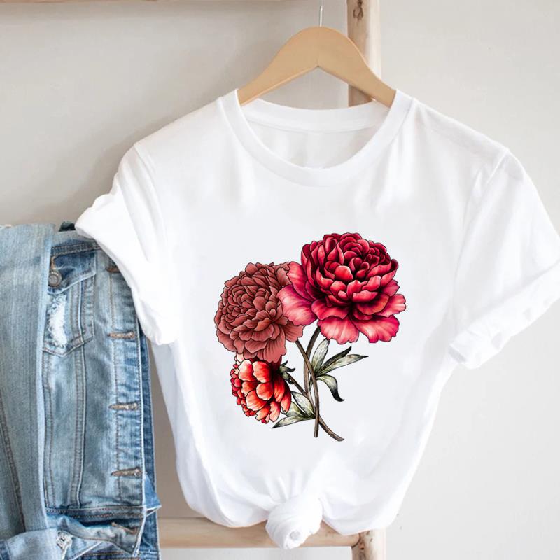 (Asian Size) Women Print Flower Floral Lovely 90s Trend Cute Tee Top Clothing Fashion Tshirt Lady Female Casual Short Sleeve Graphic T-shirt