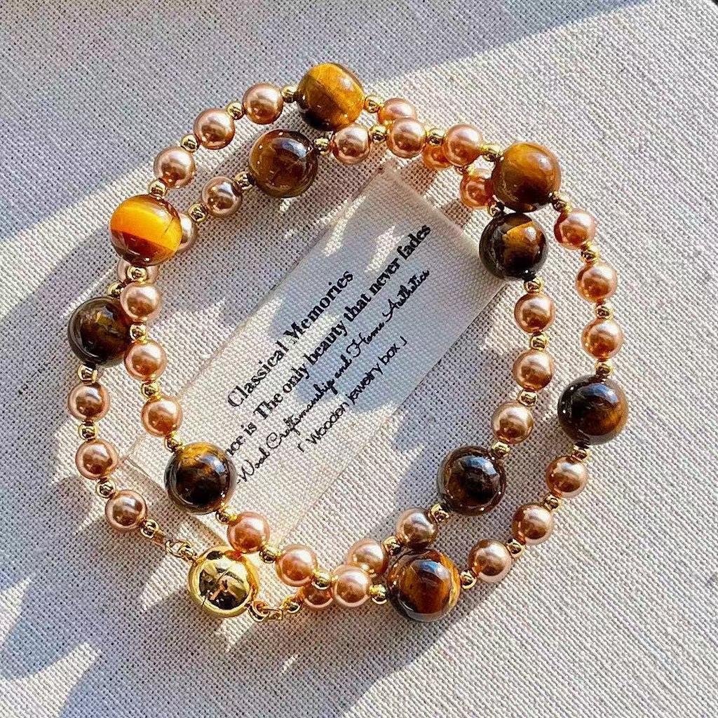 Maillard Natural Boutique Колье-цепочка на ключицу «Звезда цыганки» из натурального камня «Тигровый глаз», коричневого цвета, с имитацией таитянского жемчуга