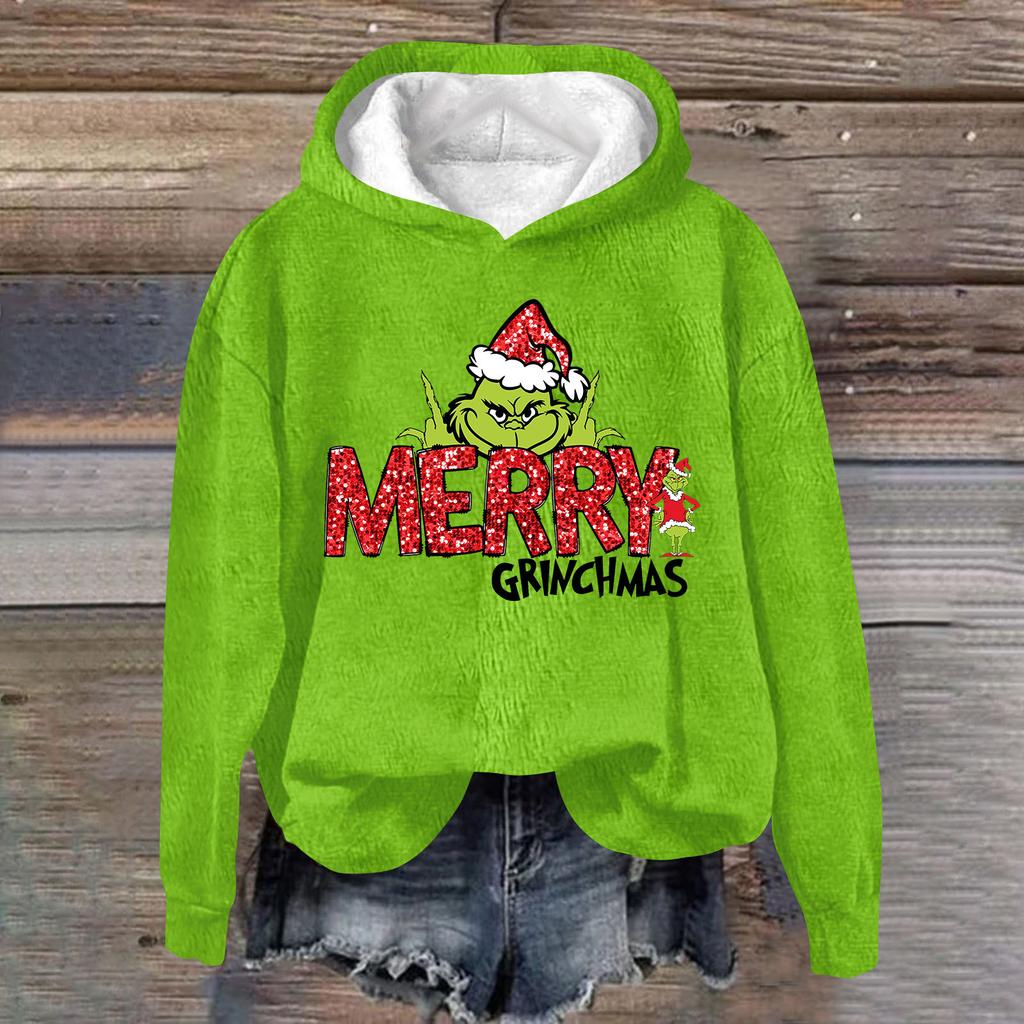 Женская модная повседневная толстовка с капюшоном и длинным рукавом из фланели с рождественским принтом