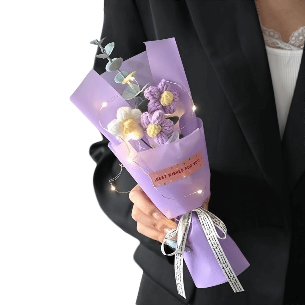 LED Lights Crochet Flowers Bouquet Knitted Artificial Daisy Bouquet Valentine'S Day