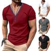 Men Summer T-shirt Short Sleeves Buttoned V Neck Contrasting Color Slim Fit Casual Pullover Mid Length Top for Outdoor Sport