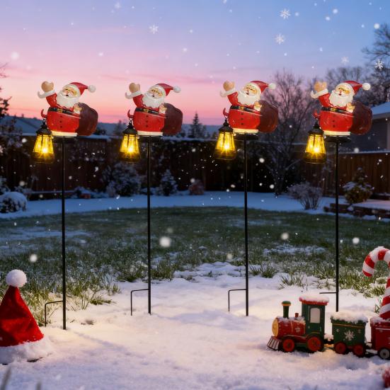 Solar Christmas Lawn Light Outdoor Lighted Santa Claus Garden Stake Metal Snowman Sign with Solar Lantern Waterproof Xmas Decor