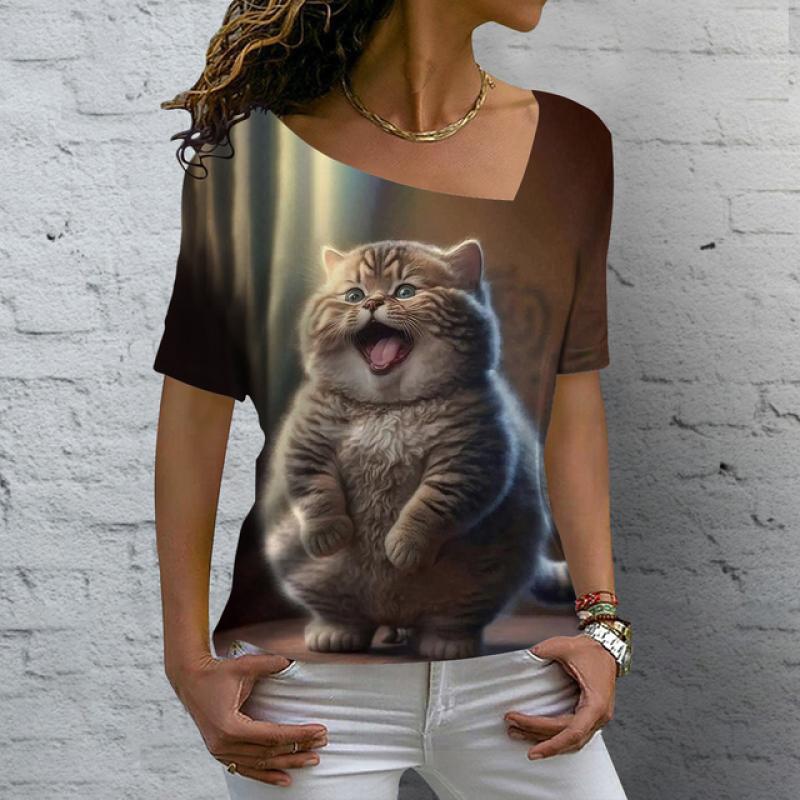 Женская футболка Kawaii Cat Print 3D футболка Топ для девочек Y2k Одежда Летние футболки с короткими рукавами с v-образным вырезом Повседневная праздничная женская футболка