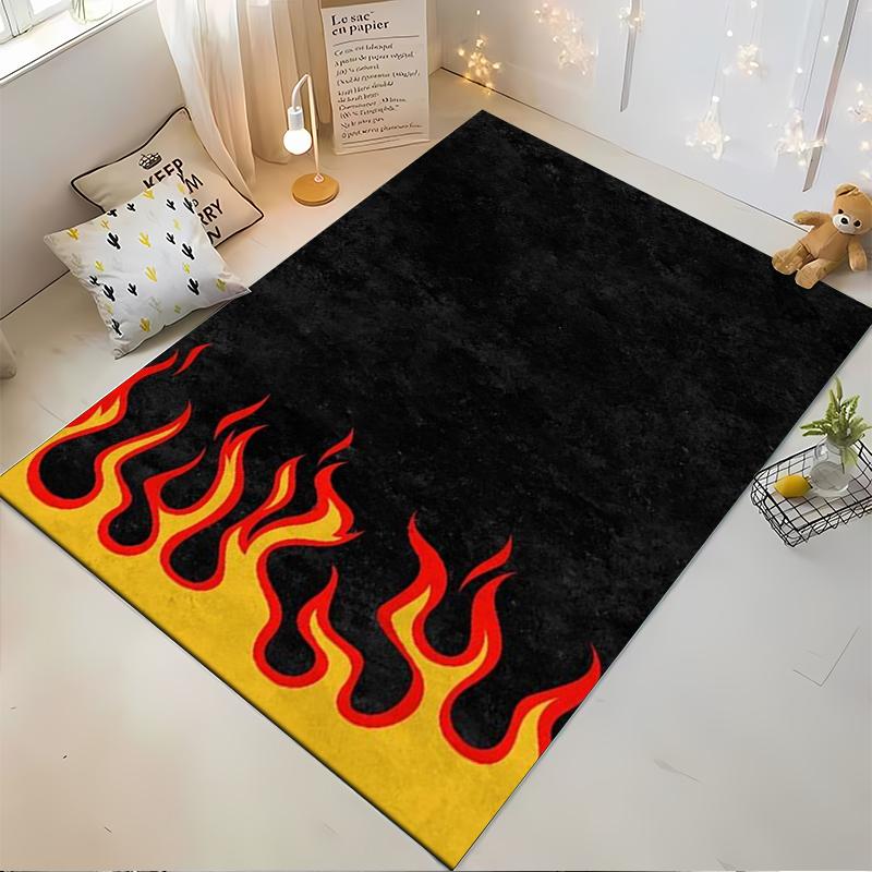 Black Carpet with Red Flames and Yellow Border Design for Home Decor Suitable for use as an anti-slip for living room bedroom sofas