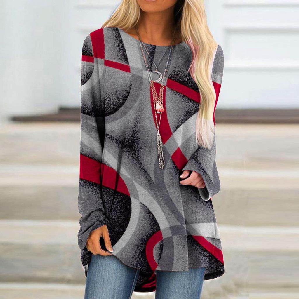 Women's Fashion Casual Irregular Patchwork Color Print Loose Medium Long Long Sleeve Top