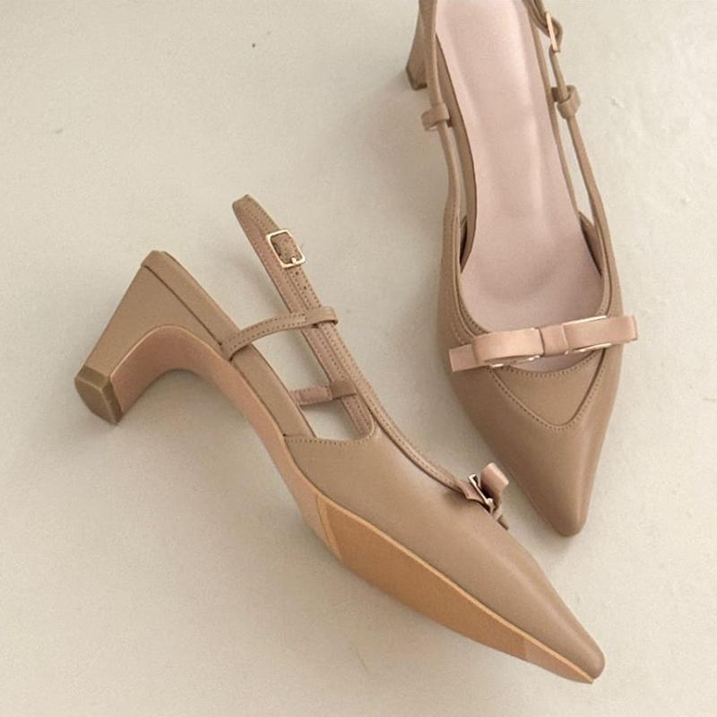 Melting Brown Women Slim Ribbon Slingback Mid Heel 2 Colors