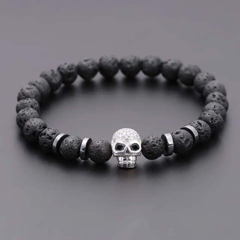 BEPAN Black Eye Skull Hematite Bead Bracelet Men Classic Handmade 8mm Lava Stone Charm Bracelet For Men Jewelry Gift