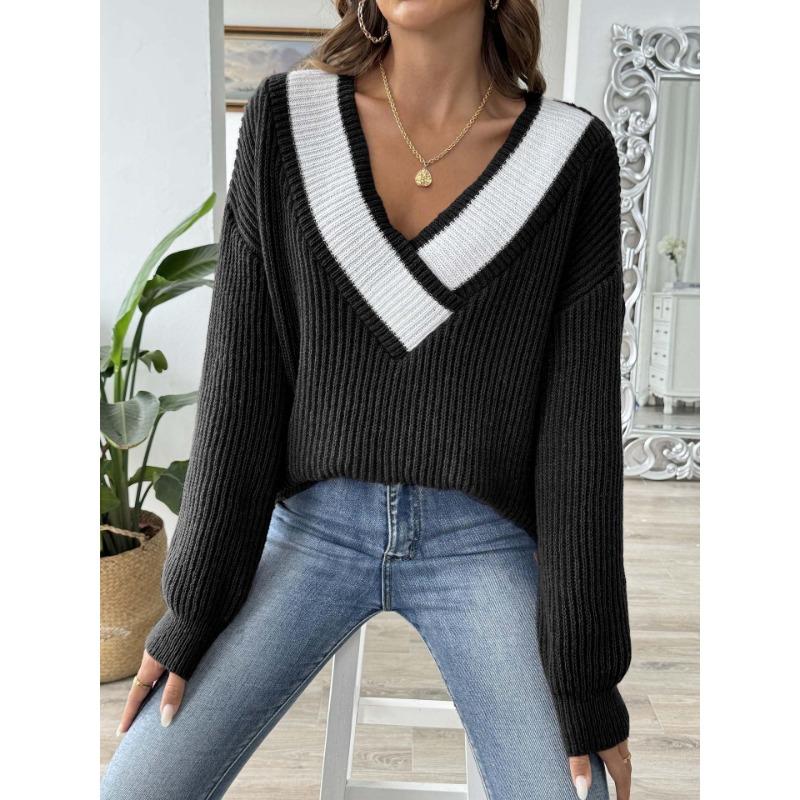 Women S V Neck Loose Fit Pullover Sweater Autumn Street Style