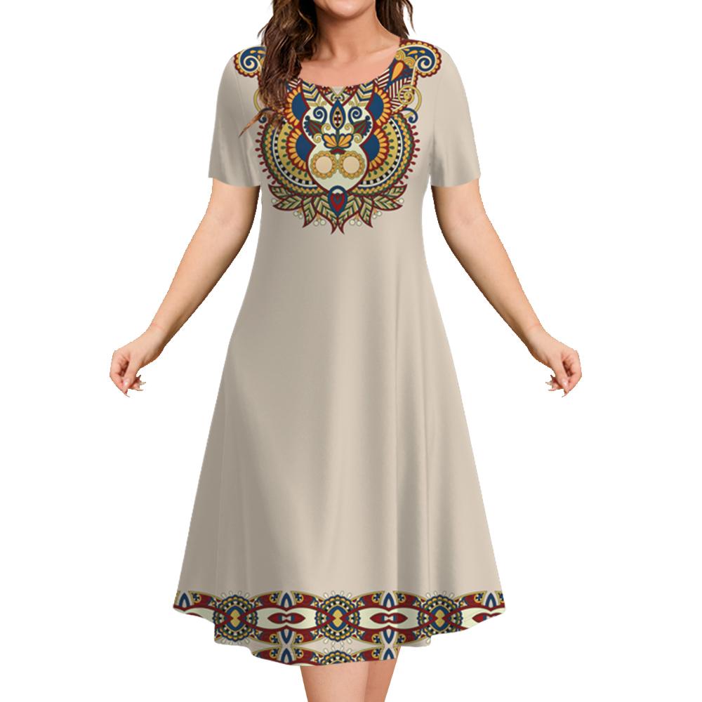 2025 Vintage Women's Dresses Printed Summer Luxury Ethnic Midi Dresses Female Short Sleeve Dress Fashion Oversized Clothes