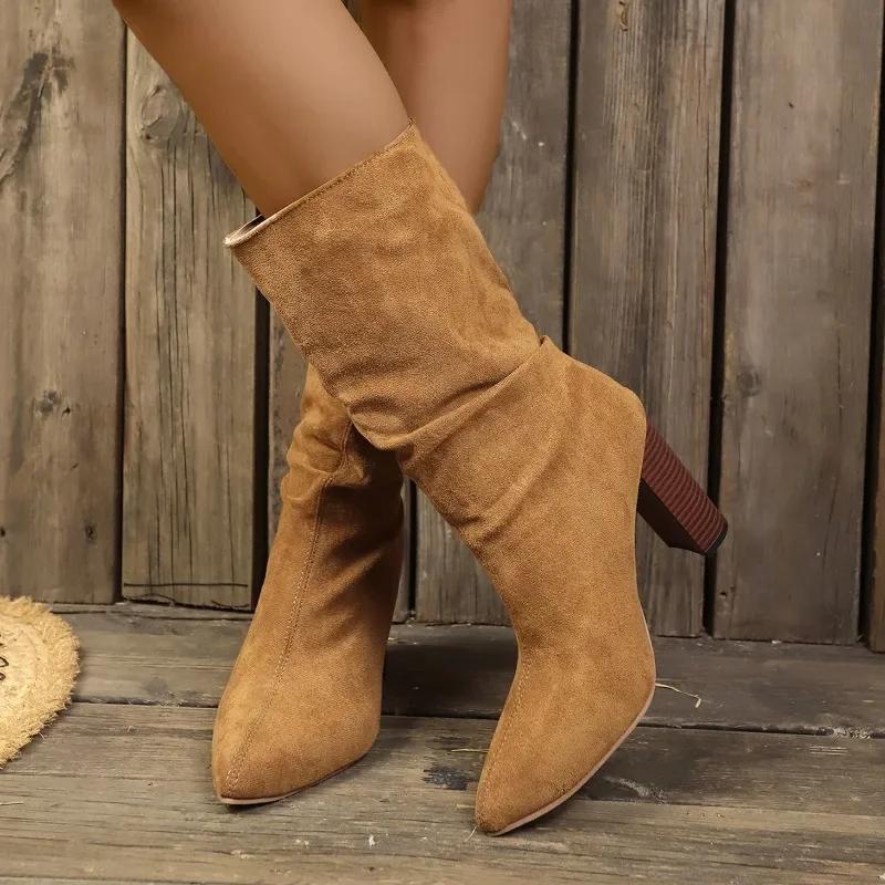 Модная обувь для женщин 2024 года, модные женские сапоги до середины икры, осенние, с острым носком, однотонные, на высоком каблуке, модные женские сапоги в стиле ретро