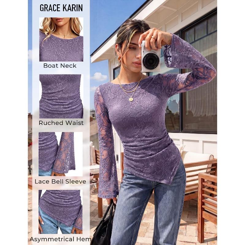 Women's T-shirt 2026 Autumn New Lace Long Sleeve Folds Asymmetrical Women's T Shirt Fashion Thin Slim Fit Round Neck Office Lady Tee Top