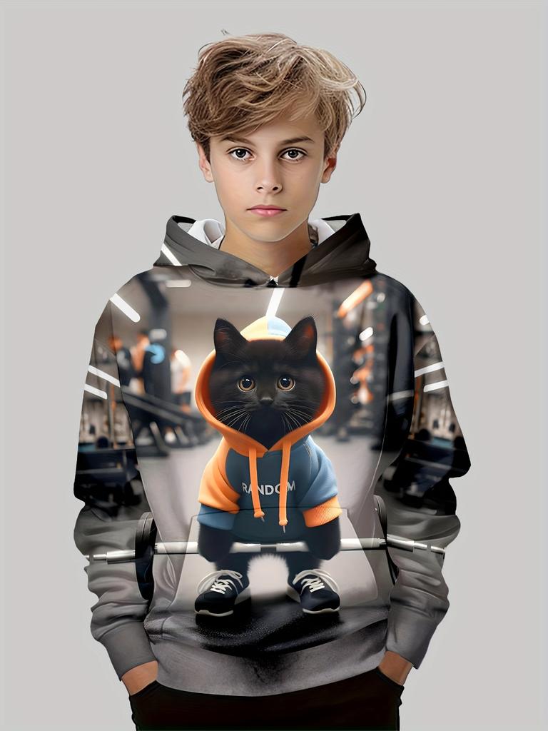 Детская одежда Толстовки с капюшоном с длинным рукавом Детская толстовка с рисунком из мультфильма Детская мода с принтом кота Летняя одежда для девочек Топ для мальчиков