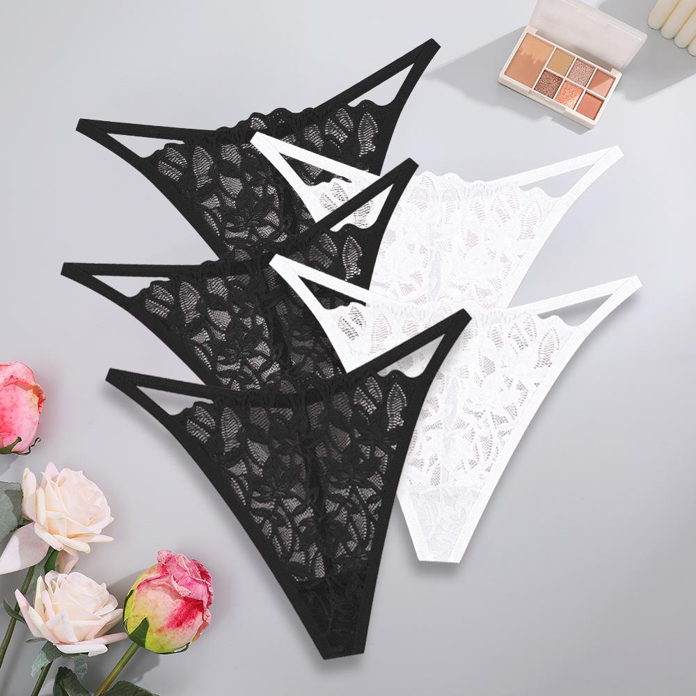 5PCS/Set Women Sexy Lace Thongs G-String T-Back Underwear Female Breathable Underpants Floral Lace Solid Color Panties S-XL