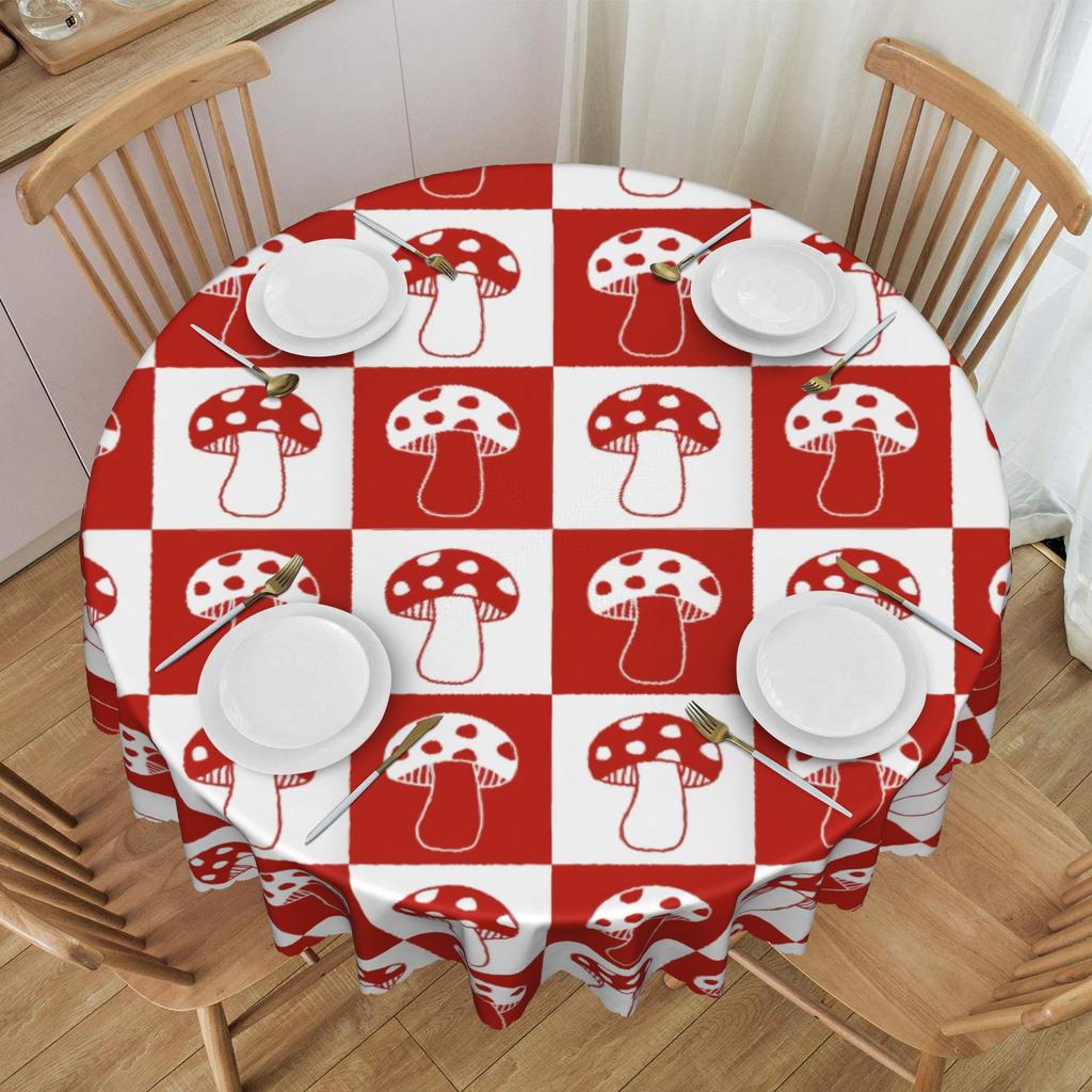 Round Checkerboard White And Burnt Red Wushroom Tablecloth 60 inches Kitchen Dinning Table Cloth Spillproof Table Covers
