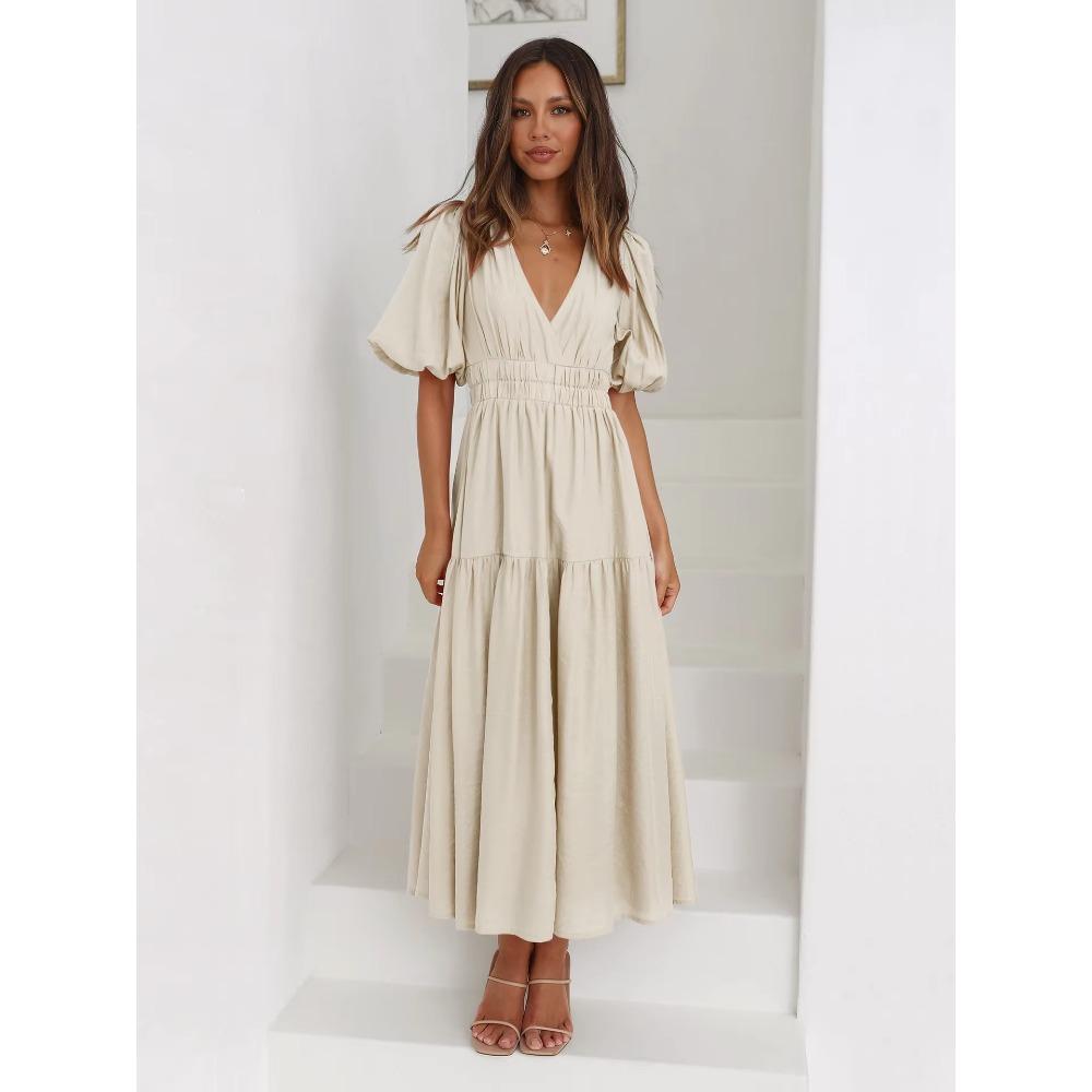 Модное летнее винтажное платье для женщин с рукавами-фонариками и оборками, повседневное платье с V-образным вырезом и высокой талией, сексуальное вечернее миди-пляжное платье