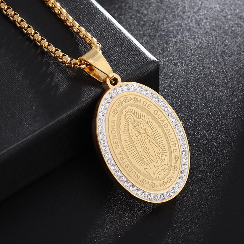 Virgin Mary Medal Pendant Stainless Steel Inlaid Zircon Necklace for Men Women Church Wear Prayer Jewelry Gift