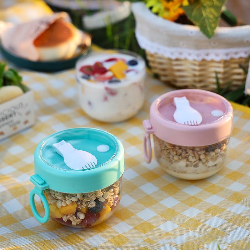 600ml Portable Breakfast Cup Multifunction Transparent Overnight Oat Food Container with Lid and Spoon for Cereal Milk or Yogurt