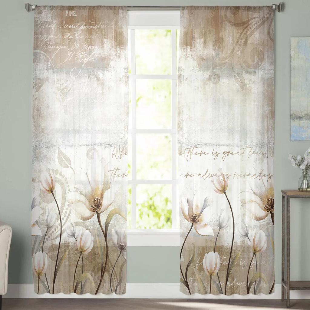 Flowers Retro Plants White Flowers Bedroom Transparent Sheer Curtains Holiday Decoration Window Voile Tulle Curtain