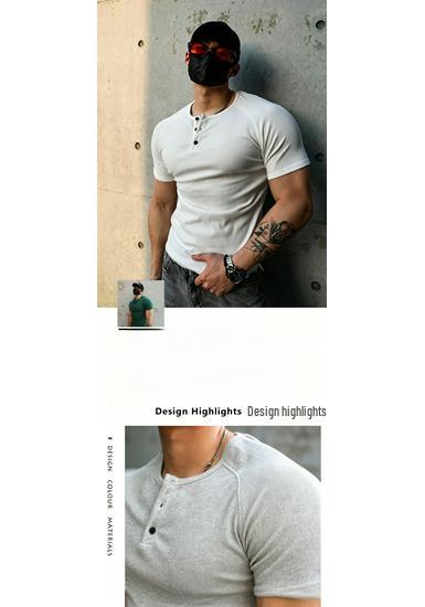 Мужская высококачественная ретро-футболка-henley в рубчик - Однотонная, с круглым вырезом, облегающая, с коротким рукавом, фитнес-топ.