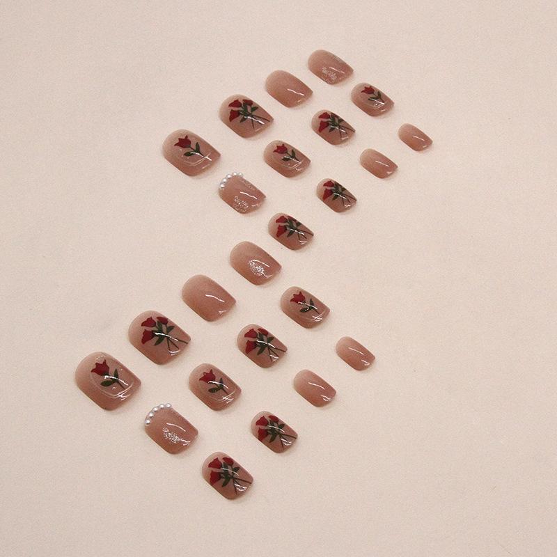 Short pearl rose retro style nail art piece sweet sister ins fake nail finished wear nail finished nails