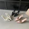 French Pointed Bow High Heels Spring and Summer 2025 Shallow Mouth Empty Temperament Bag Head Medium Heel Women's Fashion Sandals