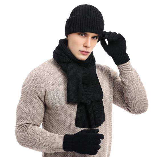 3Pcs/Set Women Winter Hat Scarf Gloves Set Solid Color Knitting Hat Long Scarf Touchscreen Gloves Set Winter Accessories