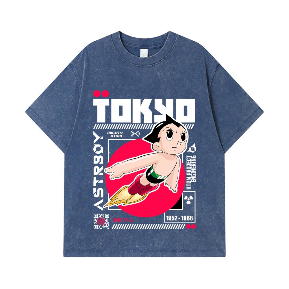 Стиранные футболки 275 г/м² 100% Хлопок Принт Astro Boy V2 Унисекс Тяжелая хлопковая футболка