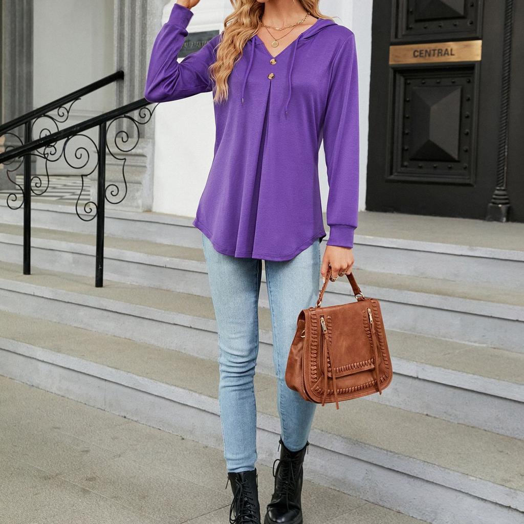 JKASHDK Женская мода на лето и весну, повседневные однотонные свободные блузки и рубашки с длинным рукавом и v-образным вырезом с принтом