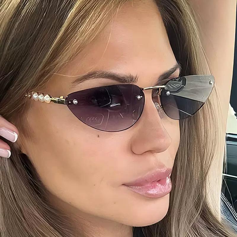 Vintage Triangle Cat Eye Sunglasses Women For Men Luxury Brand Designer Sun Glasses Punk Popular Rimless Pearl Eyeglasses