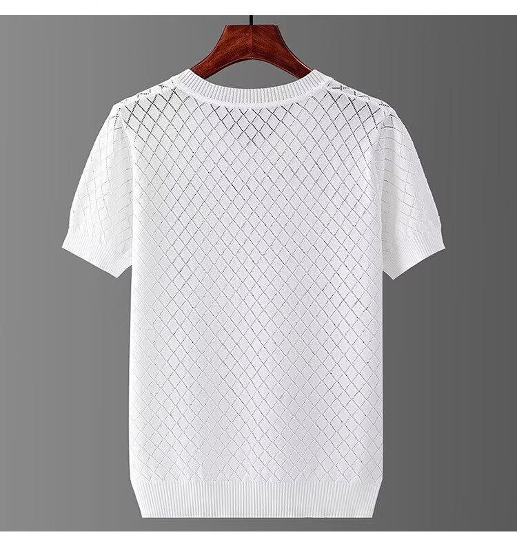 Мужской топ Ice Silk с V-образным вырезом и полым вырезом: Крутой, тонкий, большого размера, вязаный свитер с короткими рукавами