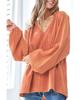 Azura Exchange Orange Crinkle Textured Frill Split Neck Puff Sleeve Blouse
