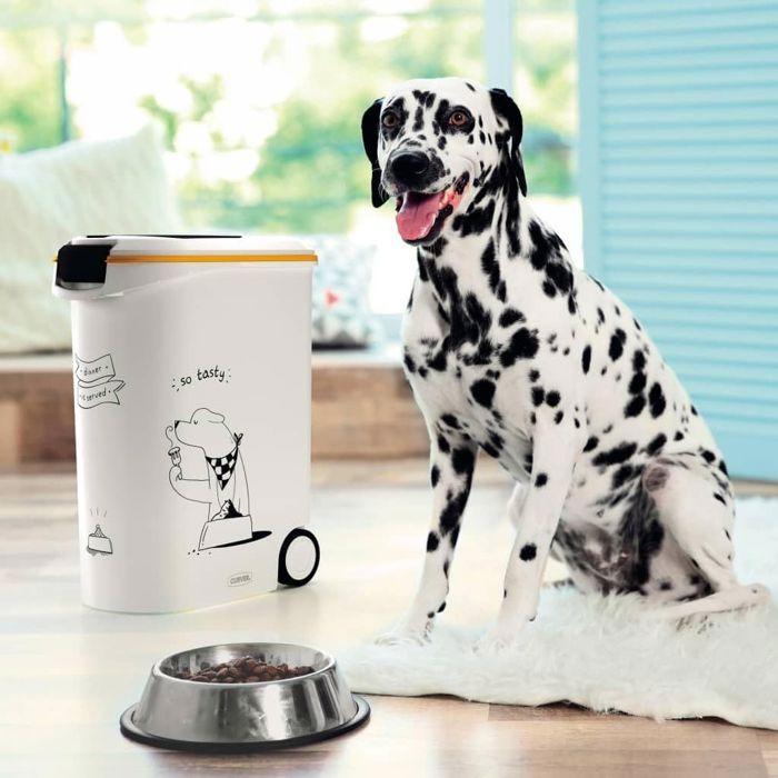 CURVER Conteneur à croquettes pour chien à roulettes 20 kg - 54L - Le diner et servi