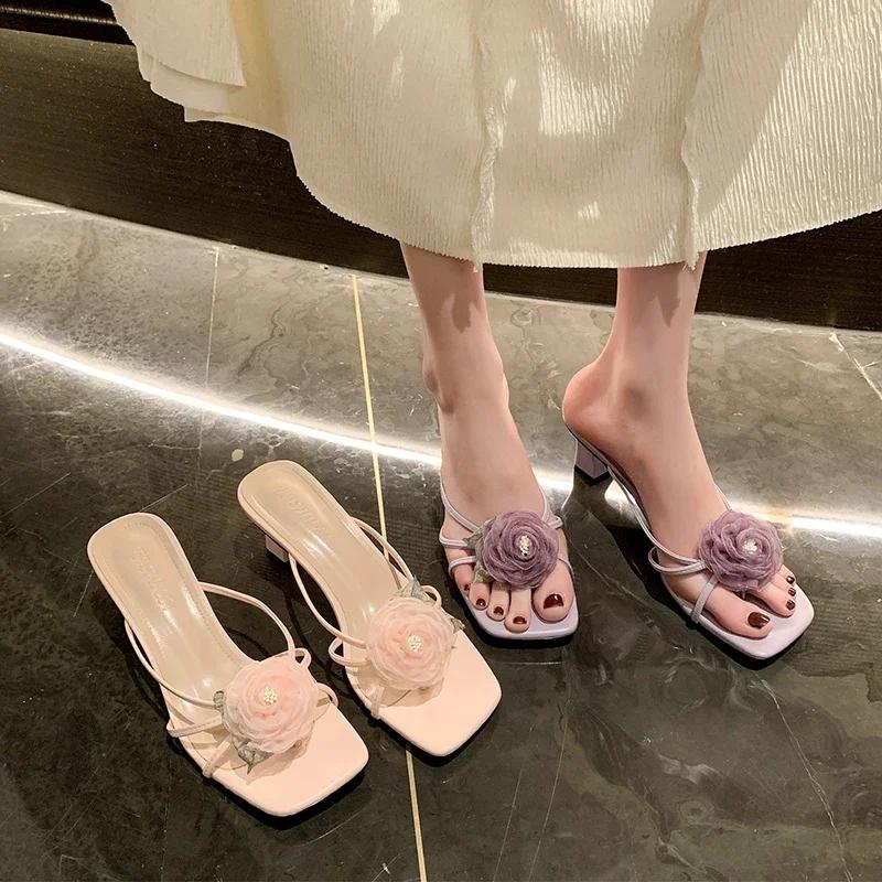Fashion Sweet Women's Slippers 2024 Summer Flower Decoration Fashion Designer Elegant Party Dress Mid Heel Slippers Women Large Size