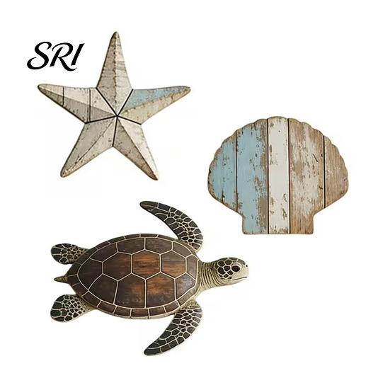 Living Room Nautical Decor 3Pcs Turtle Shell Starfish Wall Decoration Distressed Seaside Wood Bathroom Hanging Art Coastal Beach House Waterproof