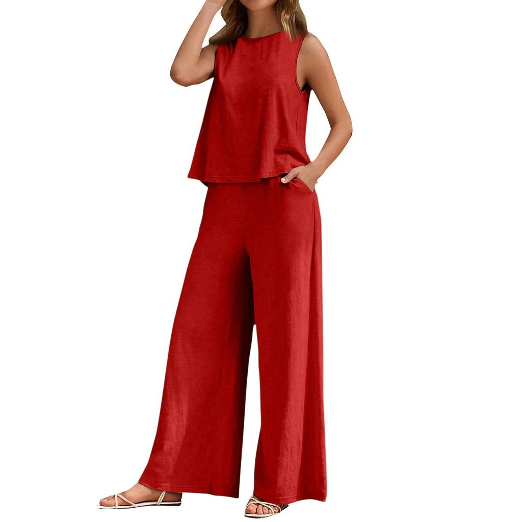 Модный женский однотонный элегантный двухсекционный жилет с круглым вырезом и широкие брюки костюм женская одежда