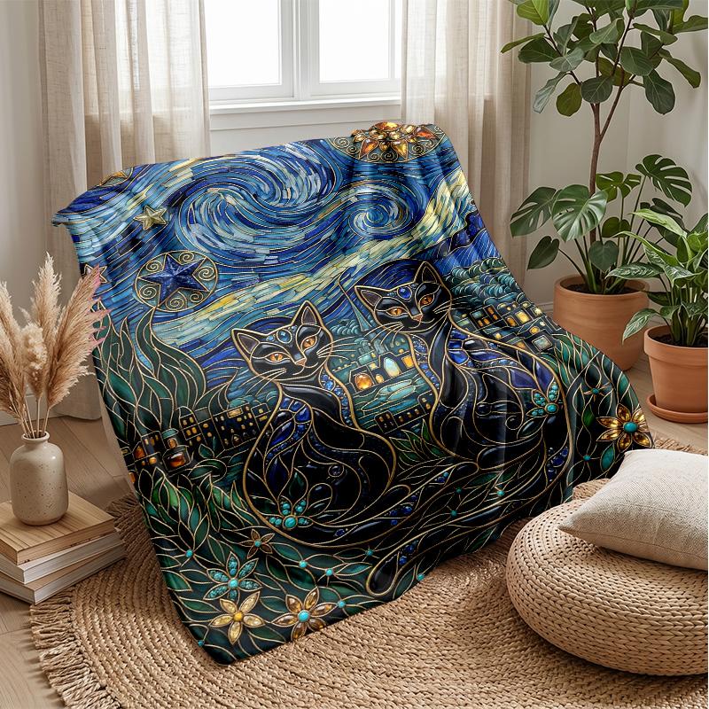 Starry Night Cat Theme blanket Lightweight Warm Flannel Blanket Decorative Throw Blanket for Home Decoration