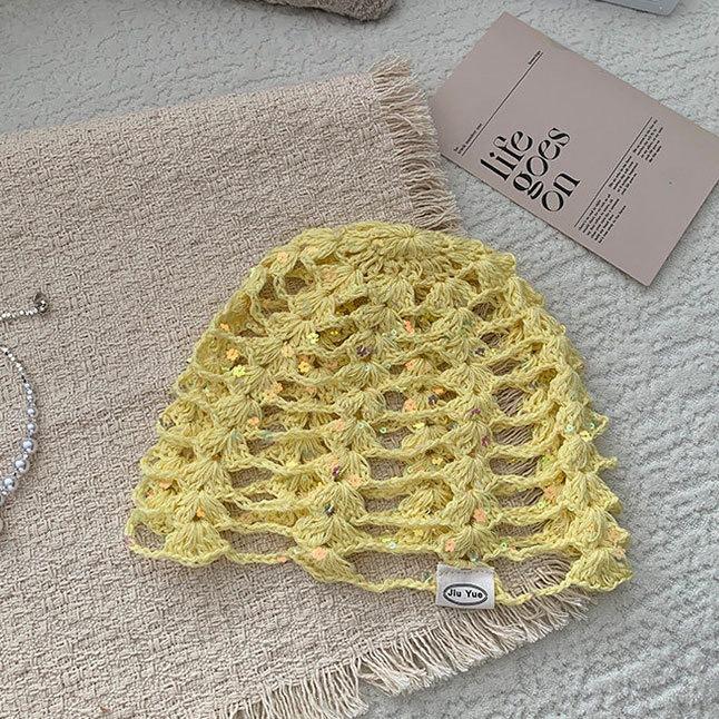 Adult Hair Cap Hollow Bag Head Hat Solid Color Knitted Mesh Hat Fashion Sequin Concave Fishing Net Headscarf Hat