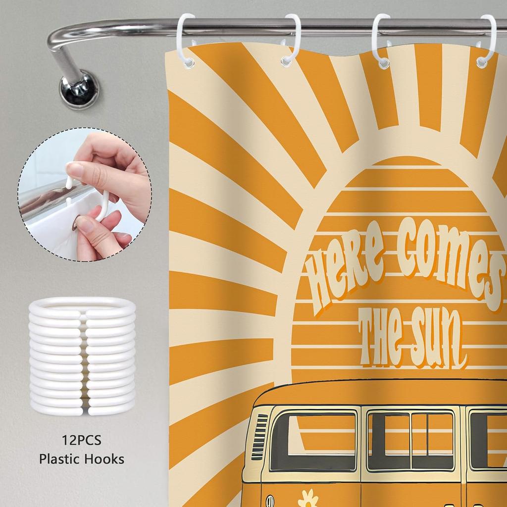 Here Comes The Sun Shower Curtain 72x72 Inches Boho Vintage Floral Bus Retro Hippie Orange Sun Sunshine Reversible for Home