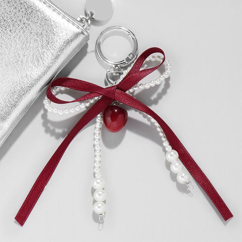 Сладкий брелок с красной вишней и жемчугом, ленточный бантик, подвеска для сумки, украшение для ключей, подарок для лучшего друга