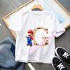 2026 Super Mario Boys and Girls Cartoon letter AZ Printed Birthday Clothing Childrens Fashion Short Sleeve Role Playing Top