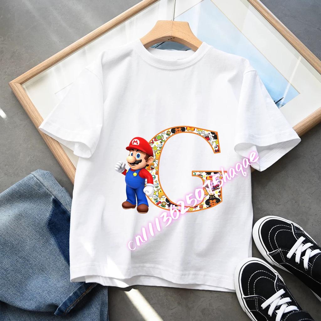 2026 Super Mario Boys and Girls Cartoon letter AZ Printed Birthday Clothing Childrens Fashion Short Sleeve Role Playing Top