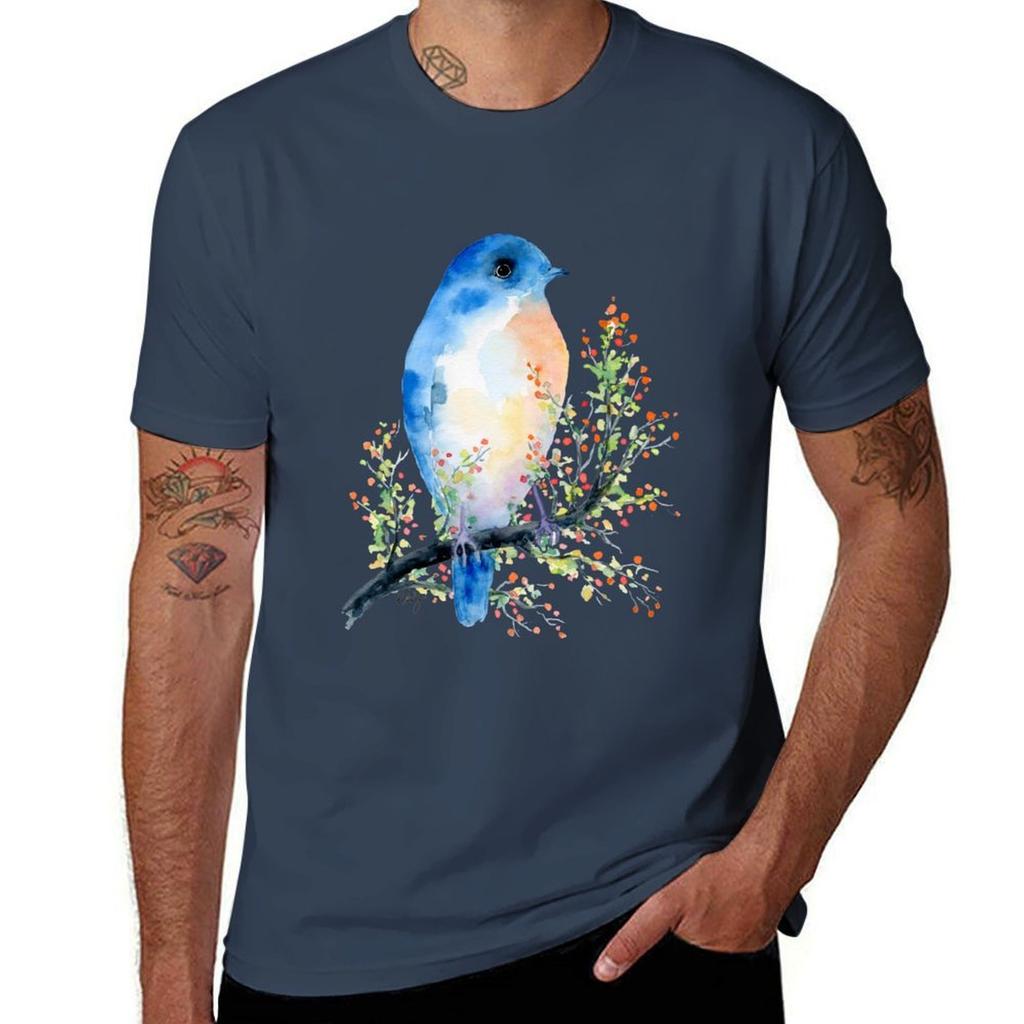 Watercolor Blue Bird On Berry Branch Tshirt Fashion Print Casual Short Sleeve