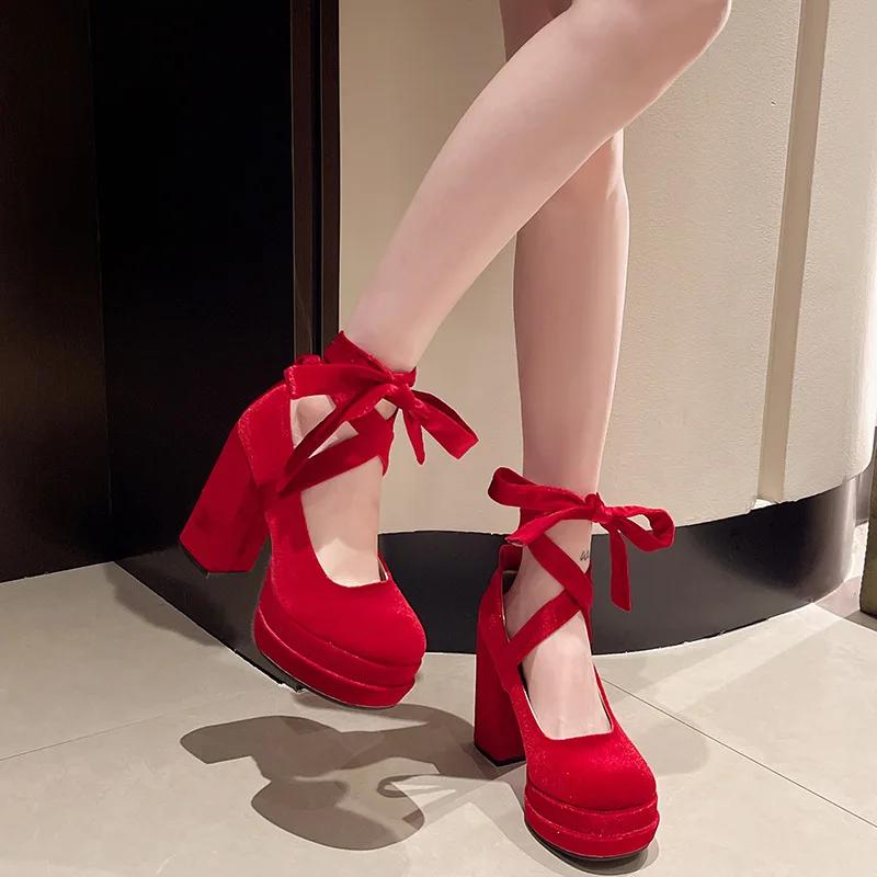 Fashion Hot Selling Mary Janes Shoes Women Suede Luxury High Heel Lace Up Trend Lolita Shoes Elegant Chunky Party Pumps Zapatos De Mujer